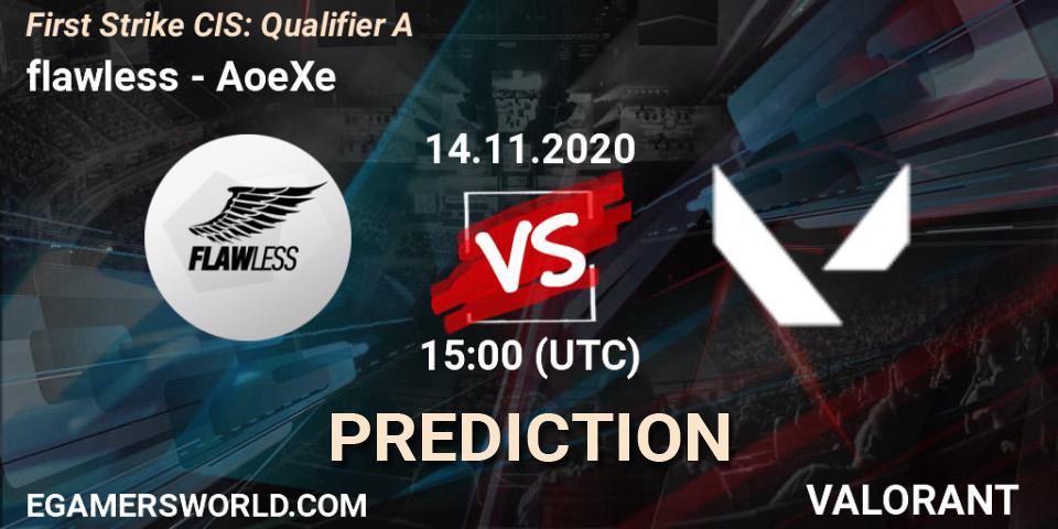Prognose für das Spiel flawless VS AoeXe. 14.11.2020 at 15:00. VALORANT - First Strike CIS: Qualifier A