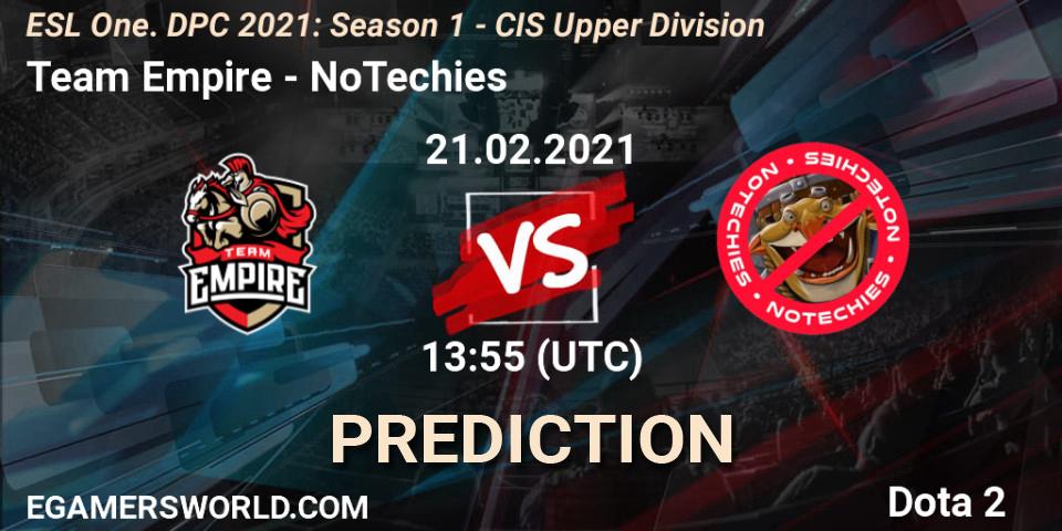 Prognose für das Spiel Team Empire VS NoTechies. 21.02.2021 at 13:55. Dota 2 - ESL One. DPC 2021: Season 1 - CIS Upper Division