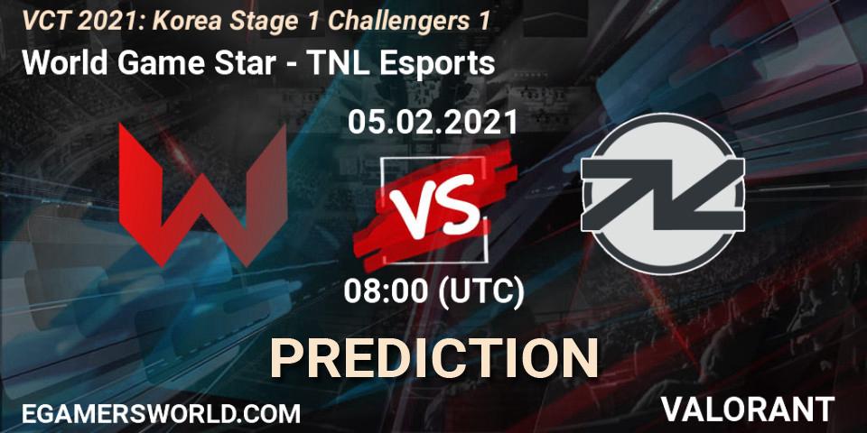 Prognose für das Spiel World Game Star VS TNL Esports. 05.02.2021 at 08:00. VALORANT - VCT 2021: Korea Stage 1 Challengers 1