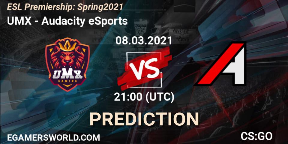 Prognose für das Spiel UMX VS Audacity eSports. 08.03.2021 at 21:00. Counter-Strike (CS2) - ESL Premiership: Spring 2021