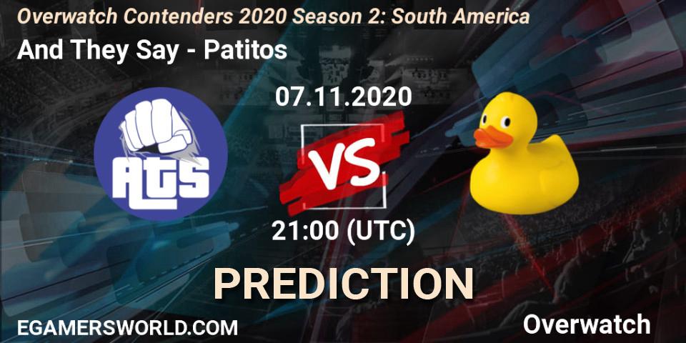 Prognose für das Spiel And They Say VS Patitos. 08.11.2020 at 00:00. Overwatch - Overwatch Contenders 2020 Season 2: South America