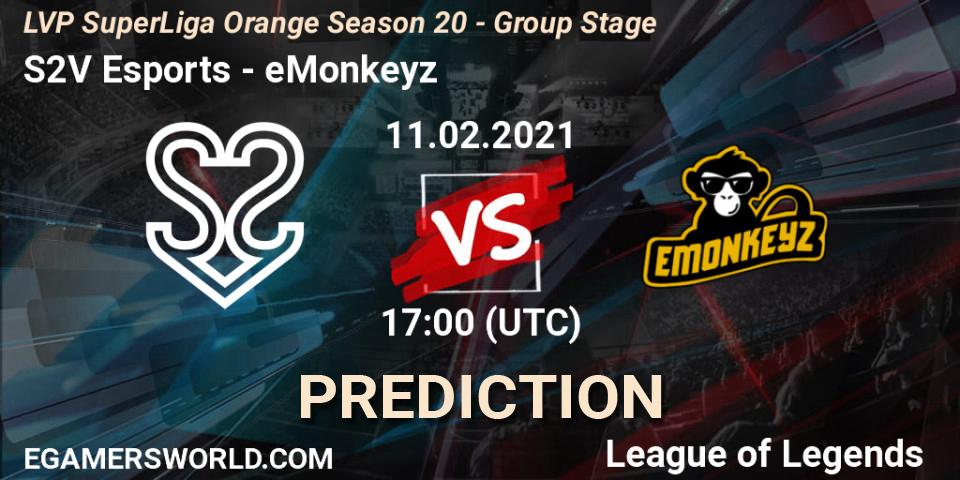 Prognose für das Spiel S2V Esports VS eMonkeyz. 11.02.2021 at 17:00. LoL - LVP SuperLiga Orange Season 20 - Group Stage