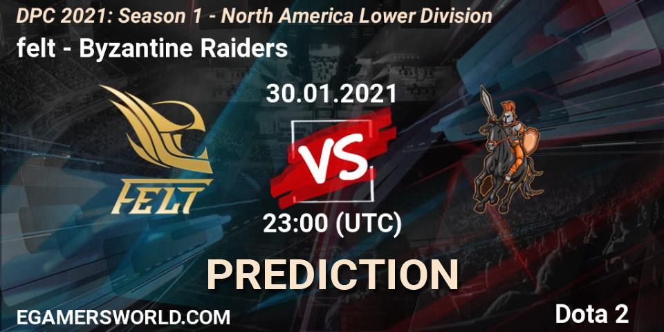Prognose für das Spiel felt VS Byzantine Raiders. 30.01.21. Dota 2 - DPC 2021: Season 1 - North America Lower Division