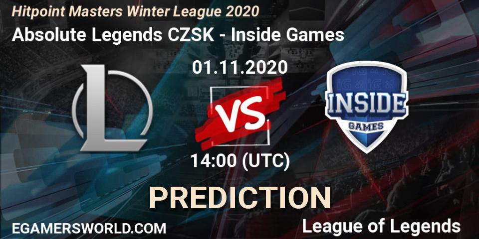 Prognose für das Spiel Absolute Legends CZSK VS Inside Games. 01.11.2020 at 14:00. LoL - Hitpoint Masters Winter League 2020