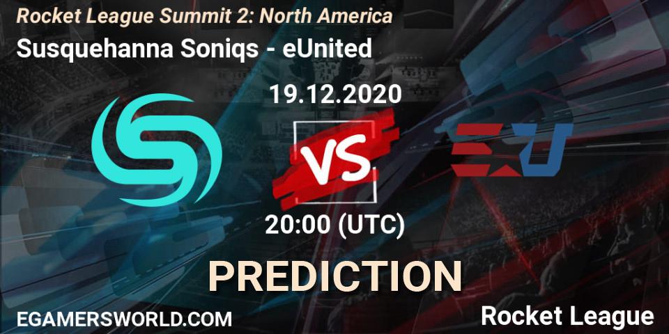 Prognose für das Spiel Susquehanna Soniqs VS eUnited. 19.12.2020 at 20:00. Rocket League - Rocket League Summit 2: North America