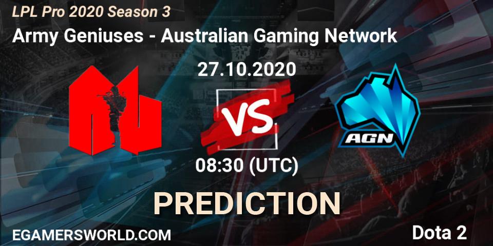 Prognose für das Spiel Army Geniuses VS Australian Gaming Network. 27.10.20. Dota 2 - LPL Pro 2020 Season 3
