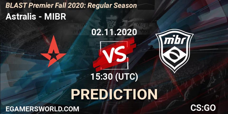 Prognose für das Spiel Astralis VS MIBR. 02.11.2020 at 17:10. Counter-Strike (CS2) - BLAST Premier Fall 2020: Regular Season