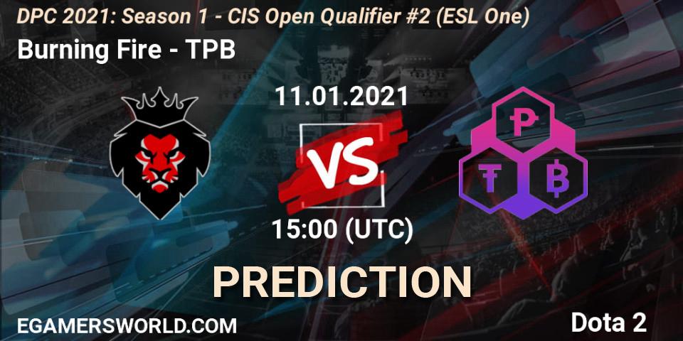 Prognose für das Spiel Burning Fire VS TPB. 11.01.21. Dota 2 - DPC 2021: Season 1 - CIS Open Qualifier #2 (ESL One)