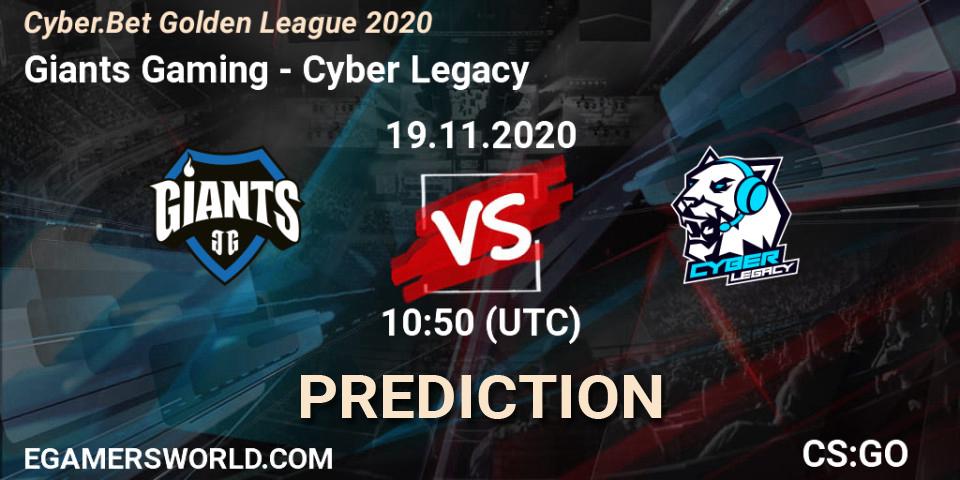Prognose für das Spiel Giants Gaming VS Cyber Legacy. 19.11.2020 at 10:50. Counter-Strike (CS2) - Cyber.Bet Golden League 2020