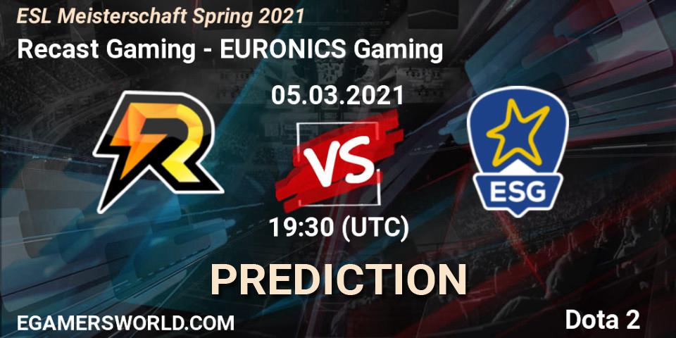 Prognose für das Spiel Recast Gaming VS EURONICS Gaming. 05.03.2021 at 20:30. Dota 2 - ESL Meisterschaft Spring 2021