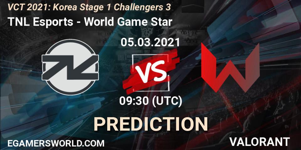 Prognose für das Spiel TNL Esports VS World Game Star. 05.03.2021 at 09:30. VALORANT - VCT 2021: Korea Stage 1 Challengers 3
