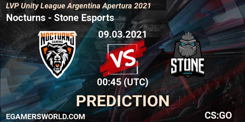 Prognose für das Spiel Nocturns VS Stone Esports. 09.03.2021 at 00:45. Counter-Strike (CS2) - LVP Unity League Argentina Apertura 2021