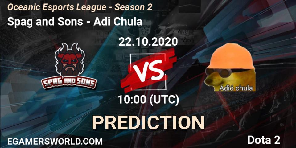 Prognose für das Spiel Spag and Sons VS Adió Chula. 22.10.2020 at 10:42. Dota 2 - Oceanic Esports League - Season 2
