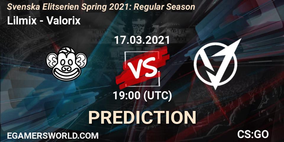 Prognose für das Spiel Lilmix VS Valorix. 17.03.2021 at 19:00. Counter-Strike (CS2) - Svenska Elitserien Spring 2021: Regular Season
