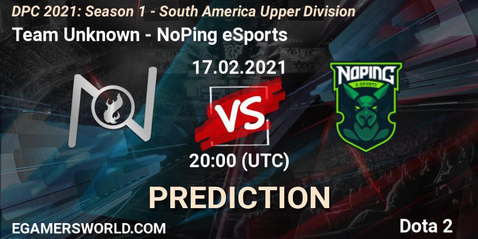 Prognose für das Spiel Team Unknown VS NoPing eSports. 17.02.2021 at 20:01. Dota 2 - DPC 2021: Season 1 - South America Upper Division
