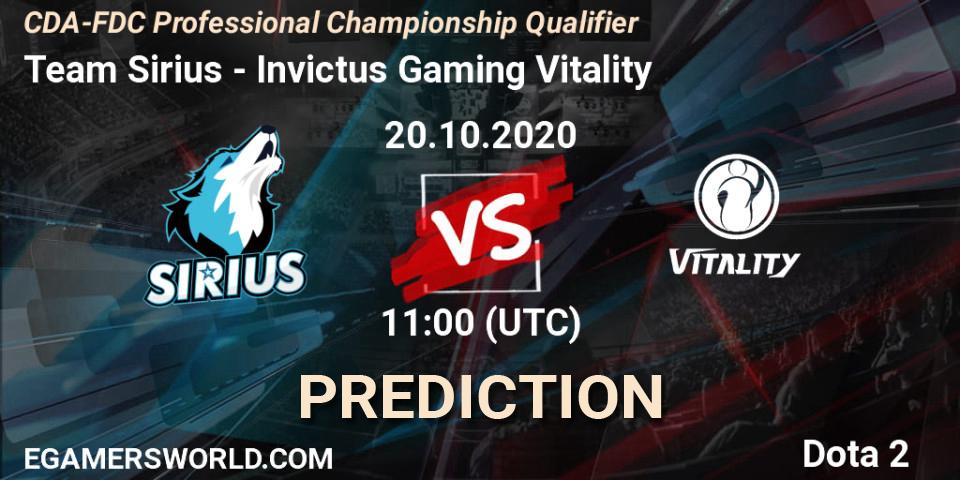 Prognose für das Spiel Team Sirius VS Invictus Gaming Vitality. 20.10.2020 at 11:12. Dota 2 - CDA-FDC Professional Championship Qualifier