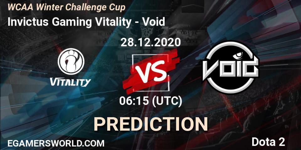 Prognose für das Spiel Invictus Gaming Vitality VS Void. 28.12.2020 at 06:19. Dota 2 - WCAA Winter Challenge Cup