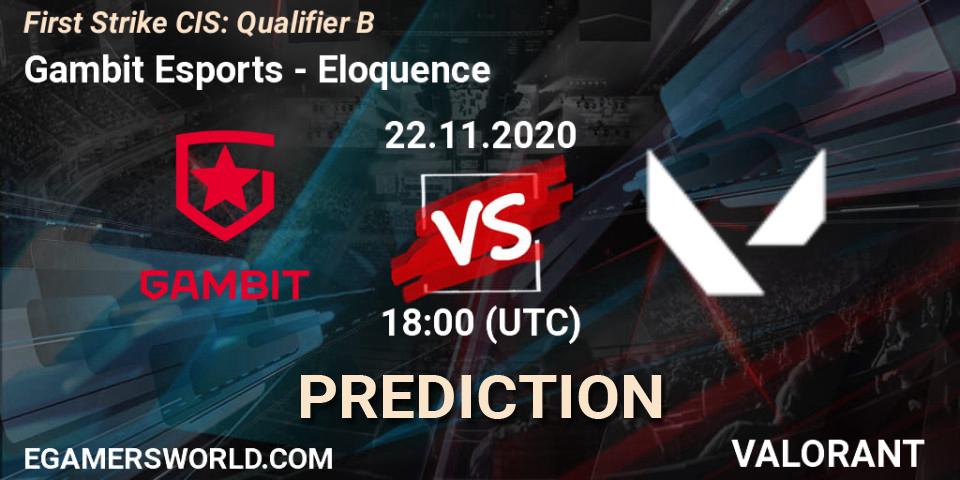 Prognose für das Spiel Gambit Esports VS Eloquence. 22.11.20. VALORANT - First Strike CIS: Qualifier B