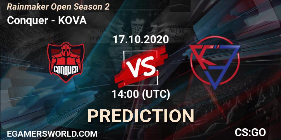 Prognose für das Spiel Conquer VS KOVA. 17.10.2020 at 14:00. Counter-Strike (CS2) - Rainmaker Open Season 2