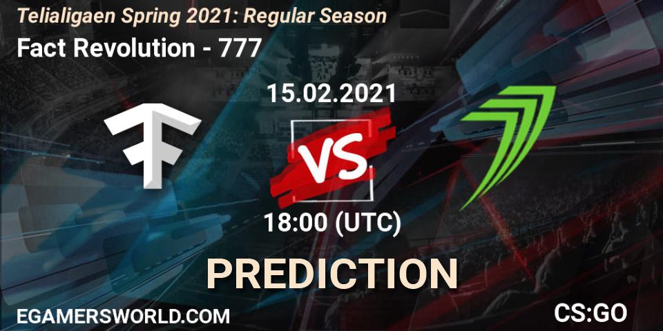 Prognose für das Spiel Fact Revolution VS 777. 15.02.2021 at 18:00. Counter-Strike (CS2) - Telialigaen Spring 2021: Regular Season