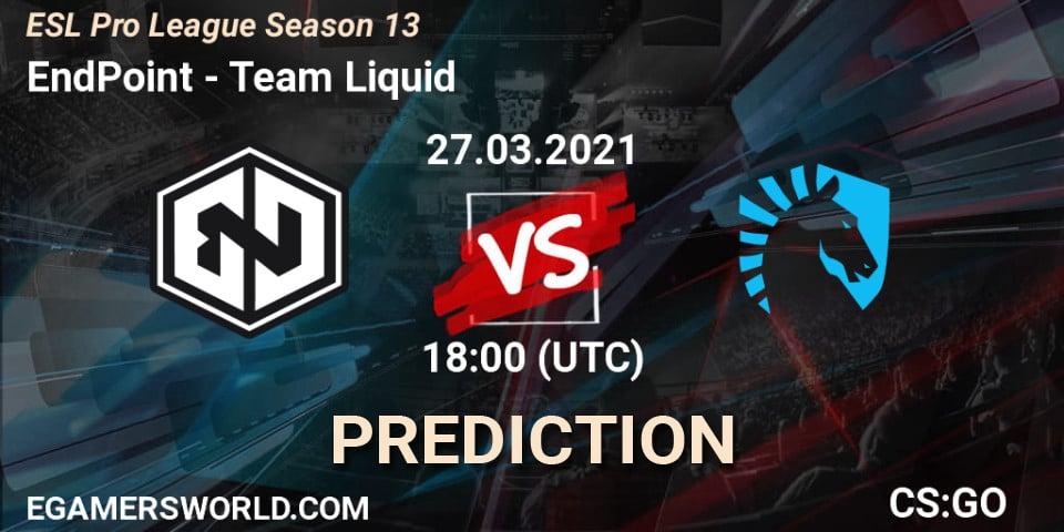 Prognose für das Spiel EndPoint VS Team Liquid. 27.03.2021 at 19:30. Counter-Strike (CS2) - ESL Pro League Season 13