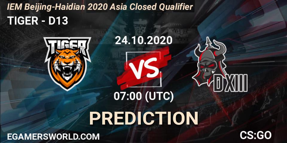 Prognose für das Spiel TIGER VS D13. 24.10.2020 at 07:00. Counter-Strike (CS2) - IEM Beijing-Haidian 2020 Asia Closed Qualifier