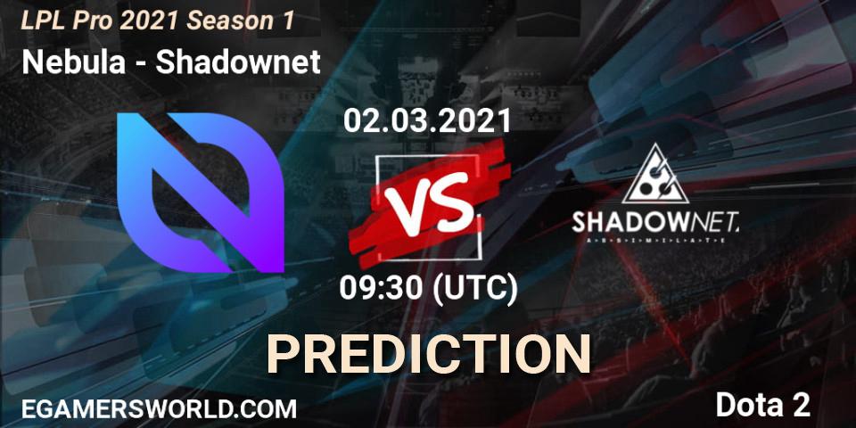 Prognose für das Spiel Nebula VS Shadownet. 02.03.2021 at 09:49. Dota 2 - LPL Pro 2021 Season 1