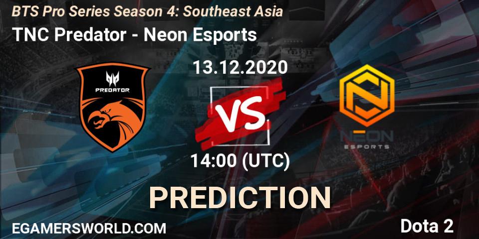 Prognose für das Spiel TNC Predator VS Neon Esports. 14.12.2020 at 10:35. Dota 2 - BTS Pro Series Season 4: Southeast Asia