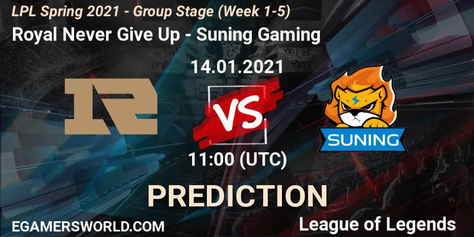 Prognose für das Spiel Royal Never Give Up VS Suning Gaming. 14.01.21. LoL - LPL Spring 2021 - Group Stage (Week 1-5)