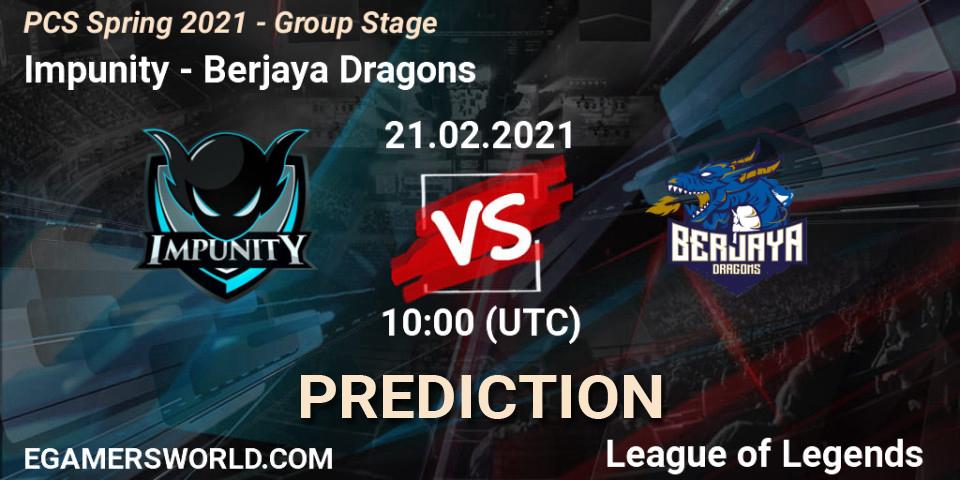 Prognose für das Spiel Impunity VS Berjaya Dragons. 21.02.2021 at 10:00. LoL - PCS Spring 2021 - Group Stage