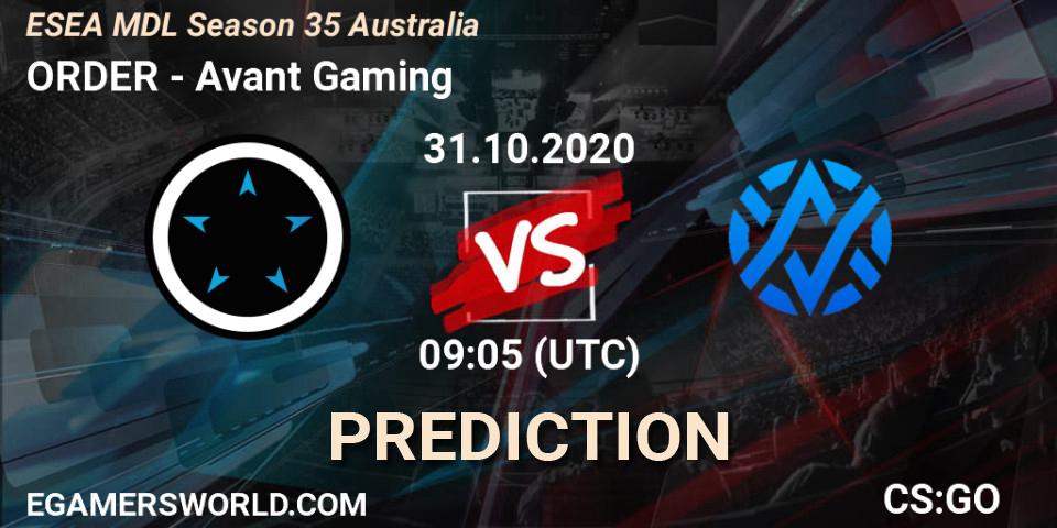 Prognose für das Spiel ORDER VS Avant Gaming. 31.10.20. CS2 (CS:GO) - ESEA MDL Season 35 Australia