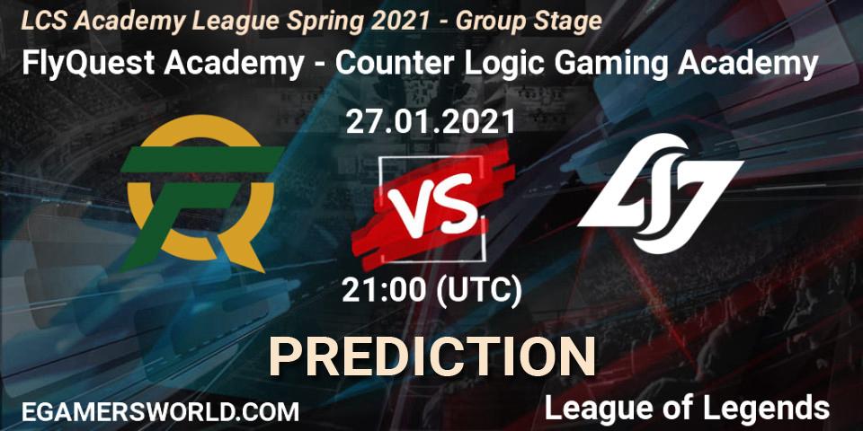 Prognose für das Spiel FlyQuest Academy VS Counter Logic Gaming Academy. 27.01.2021 at 21:00. LoL - LCS Academy League Spring 2021 - Group Stage