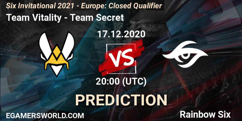 Prognose für das Spiel Team Vitality VS Team Secret. 17.12.2020 at 20:00. Rainbow Six - Six Invitational 2021 - Europe: Closed Qualifier