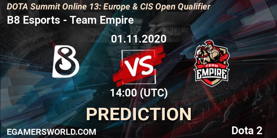 Prognose für das Spiel B8 Esports VS Team Empire. 01.11.2020 at 15:31. Dota 2 - DOTA Summit 13: Europe & CIS Open Qualifier