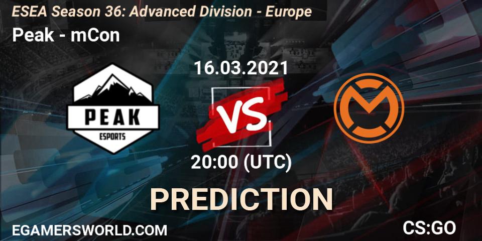 Prognose für das Spiel Peak VS mCon. 16.03.2021 at 20:00. Counter-Strike (CS2) - ESEA Season 36: Europe - Advanced Division