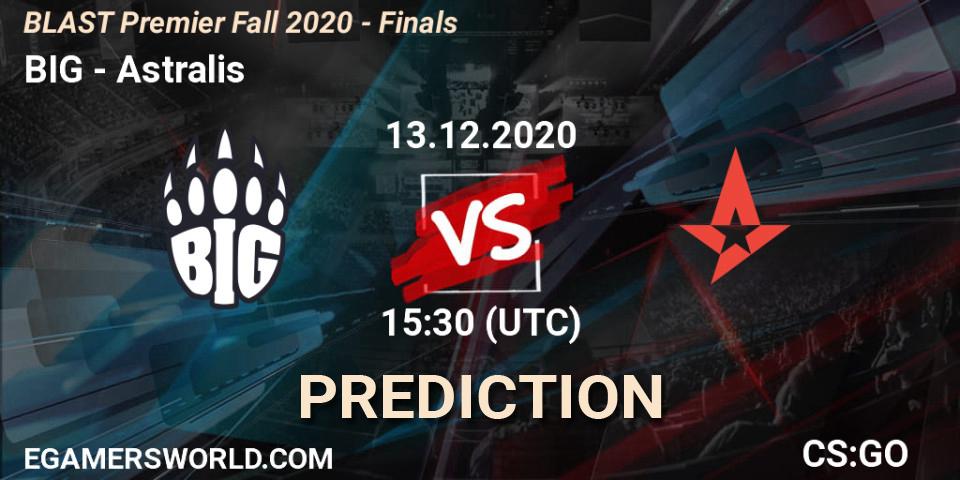 Prognose für das Spiel BIG VS Astralis. 13.12.2020 at 15:30. Counter-Strike (CS2) - BLAST Premier Fall 2020 - Finals
