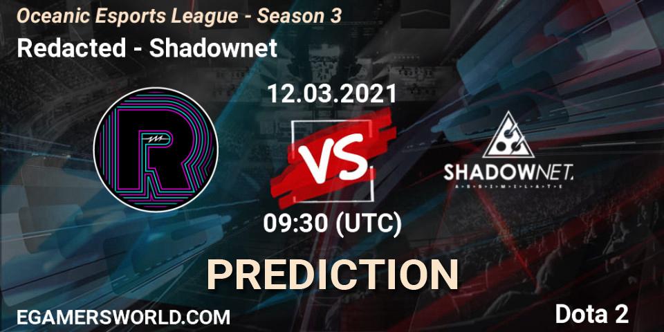 Prognose für das Spiel Redacted VS Shadownet. 12.03.2021 at 10:04. Dota 2 - Oceanic Esports League - Season 3