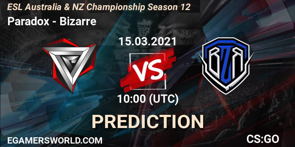Prognose für das Spiel Paradox VS Bizarre. 15.03.2021 at 10:30. Counter-Strike (CS2) - ESL Australia & NZ Championship Season 12