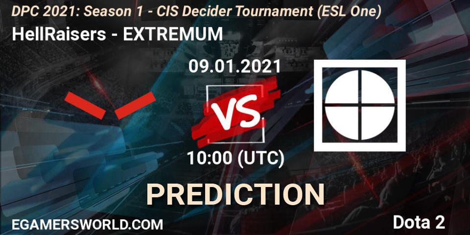 Prognose für das Spiel HellRaisers VS EXTREMUM. 09.01.2021 at 10:01. Dota 2 - DPC 2021: Season 1 - CIS Decider Tournament (ESL One)