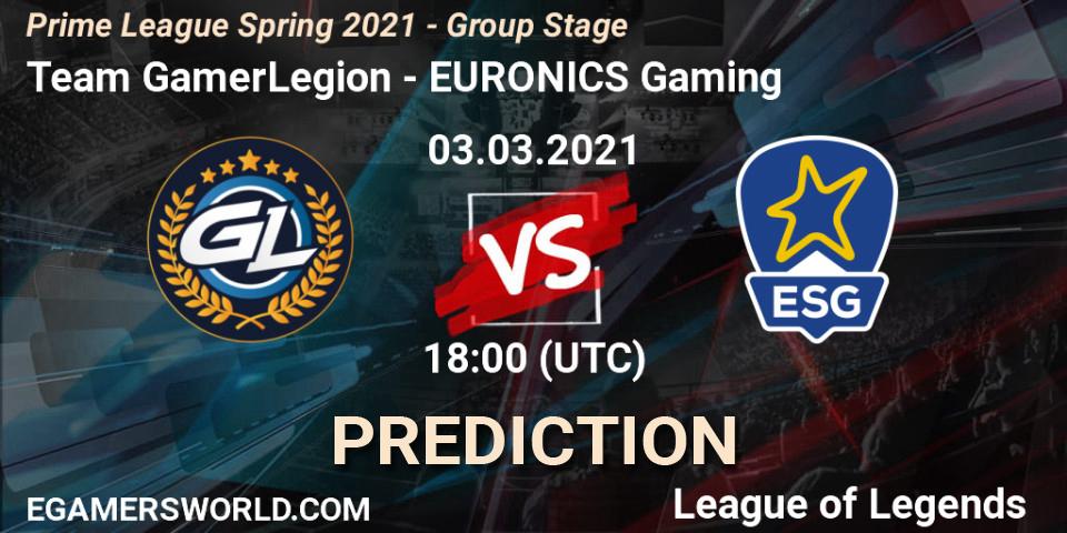 Prognose für das Spiel Team GamerLegion VS EURONICS Gaming. 03.03.21. LoL - Prime League Spring 2021 - Group Stage