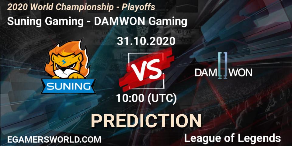 Prognose für das Spiel Suning Gaming VS DAMWON Gaming. 31.10.2020 at 09:27. LoL - 2020 World Championship - Playoffs