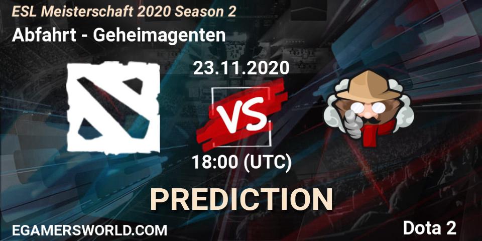 Prognose für das Spiel Abfahrt VS Geheimagenten. 23.11.2020 at 18:13. Dota 2 - ESL Meisterschaft 2020 Season 2