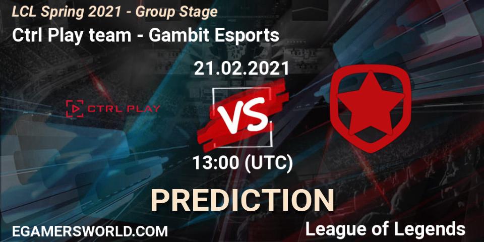 Prognose für das Spiel Ctrl Play team VS Gambit Esports. 21.02.2021 at 13:00. LoL - LCL Spring 2021 - Group Stage