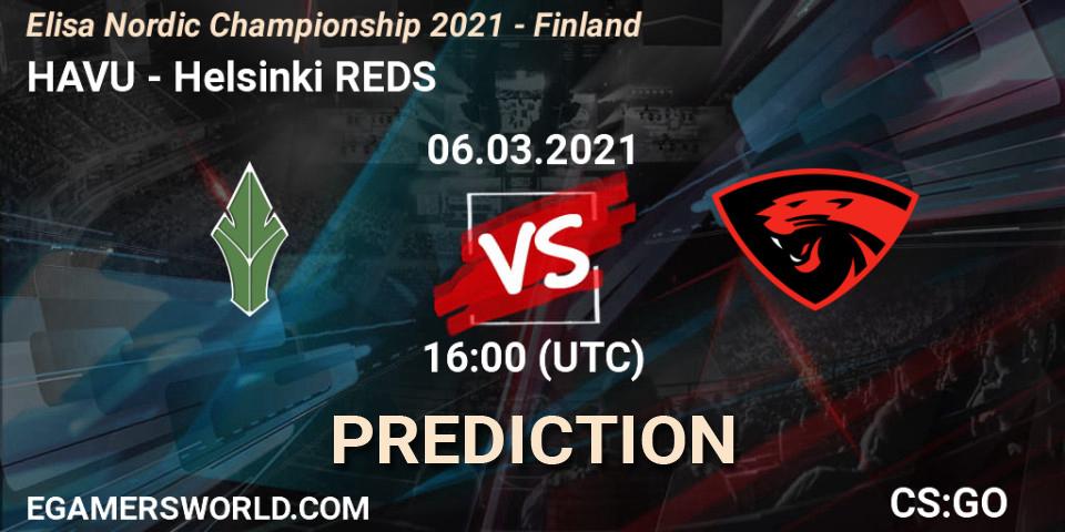 Prognose für das Spiel HAVU VS Helsinki REDS. 06.03.2021 at 16:05. Counter-Strike (CS2) - Elisa Nordic Championship 2021 - Finland