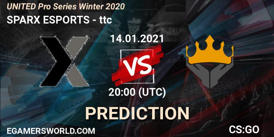 Prognose für das Spiel SPARX ESPORTS VS ttc. 14.01.2021 at 20:00. Counter-Strike (CS2) - UNITED Pro Series Winter 2020