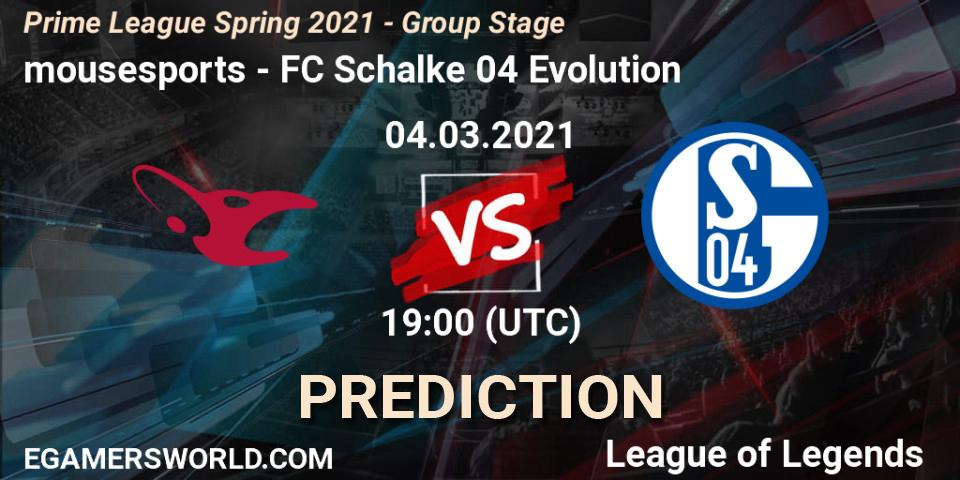 Prognose für das Spiel mousesports VS FC Schalke 04 Evolution. 04.03.2021 at 18:45. LoL - Prime League Spring 2021 - Group Stage