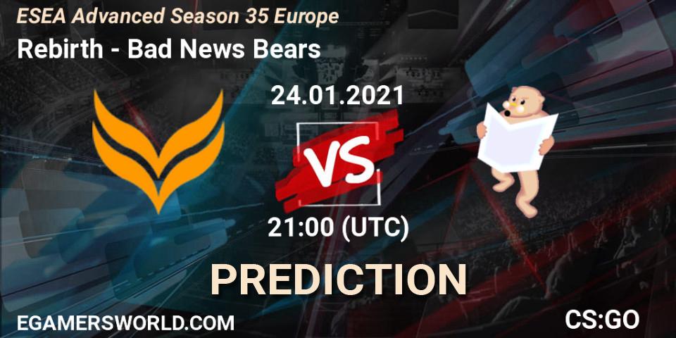 Prognose für das Spiel Rebirth VS Bad News Bears. 24.01.2021 at 21:00. Counter-Strike (CS2) - ESEA Cash Cup - North America: Winter 2020 #3