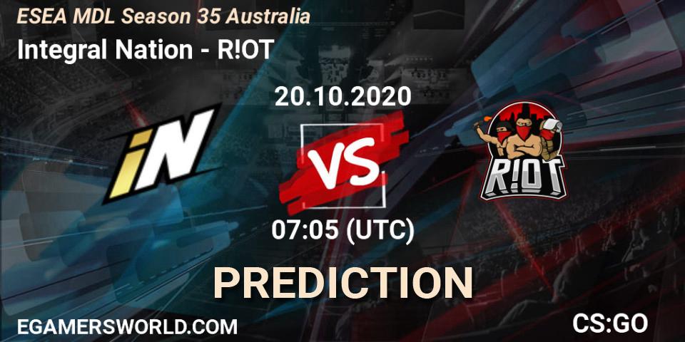 Prognose für das Spiel Integral Nation VS R!OT. 20.10.2020 at 07:05. Counter-Strike (CS2) - ESEA MDL Season 35 Australia