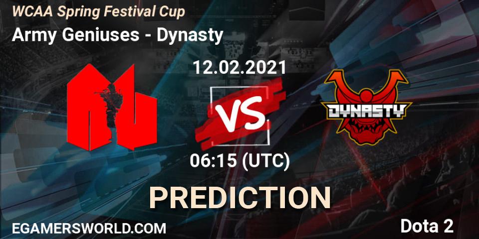 Prognose für das Spiel Army Geniuses VS Dynasty. 12.02.2021 at 06:18. Dota 2 - WCAA Spring Festival Cup