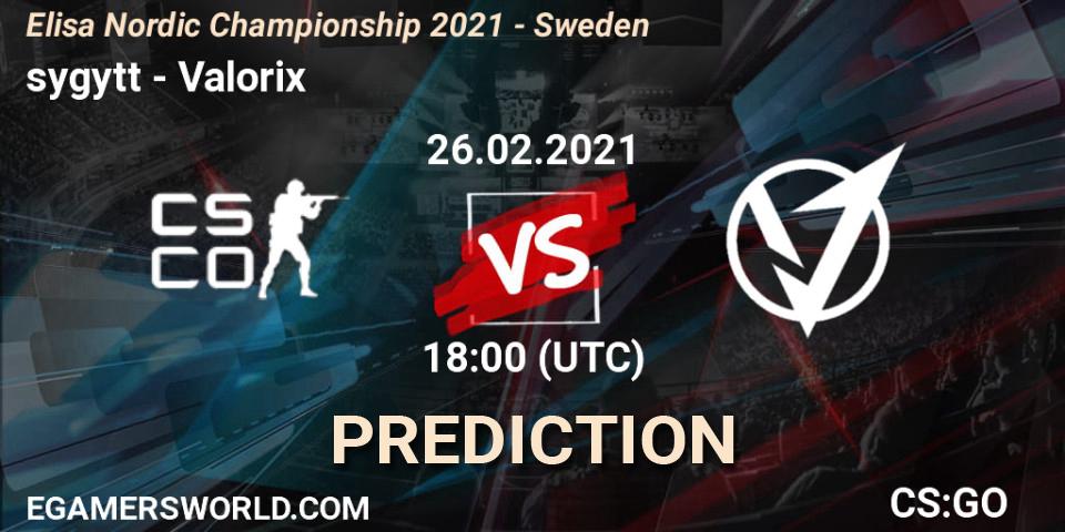 Prognose für das Spiel sygytt VS Valorix. 26.02.2021 at 18:00. Counter-Strike (CS2) - Elisa Nordic Championship 2021 - Sweden